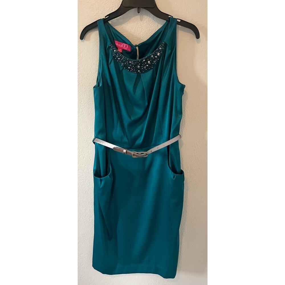 Women's Nine & Co Green‎ Cocktail Party Dress Bejeweled Neckline Pockets Size 14